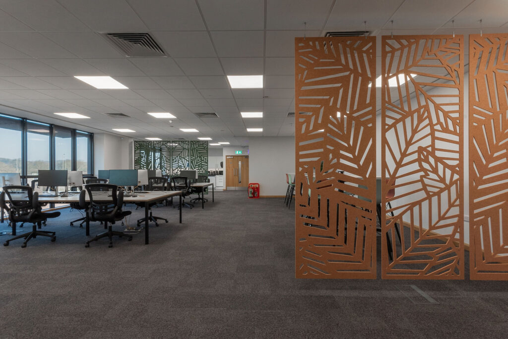 Open plan office with acoustic screens