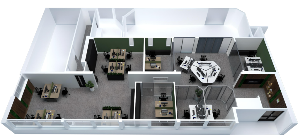 3D visual of an office layout, to show a birds eye perspective.