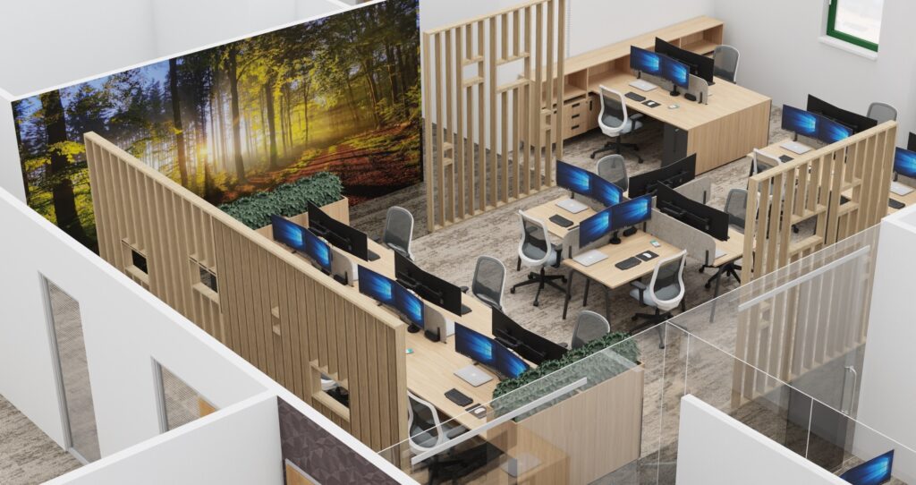 3D visual design of office from above